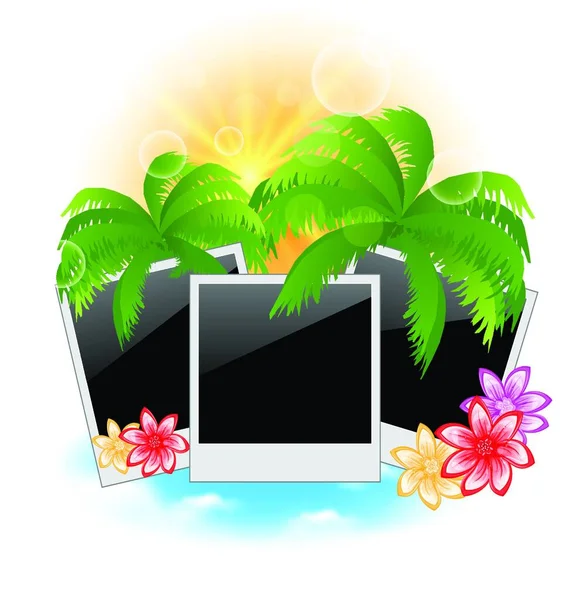 Illustration Set Photo Frame Palms Flowers Seascape Background Vector — Stock Vector