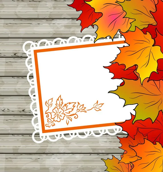 Tarjeta Otoño Ilustrada Con Hojas Arce Textura Madera Vector — Vector de stock