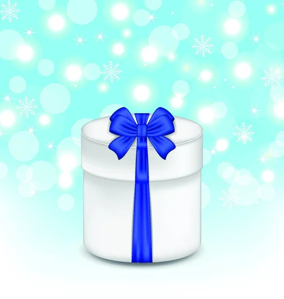 发光背景上带有蓝色蝴蝶结的说明礼品盒 — 图库矢量图片