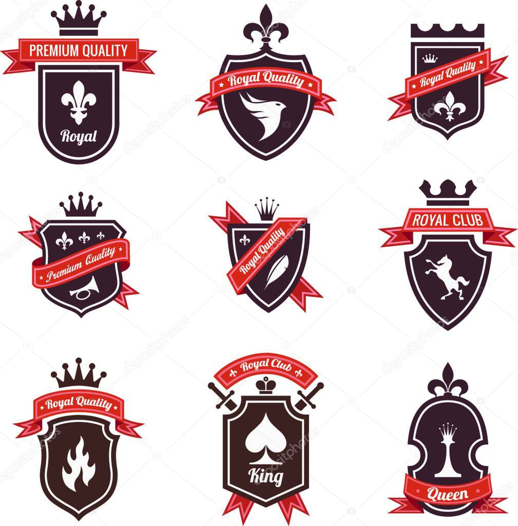 Vintage Labels set. Place your logo on shield. Copyspace.Shield with ribbon and crown. Coat of arms. Retro design. High quality.
