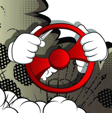 Vector cartoon hands driving, holding a steering wheel. Illustrated hand gesture on comic book background. clipart