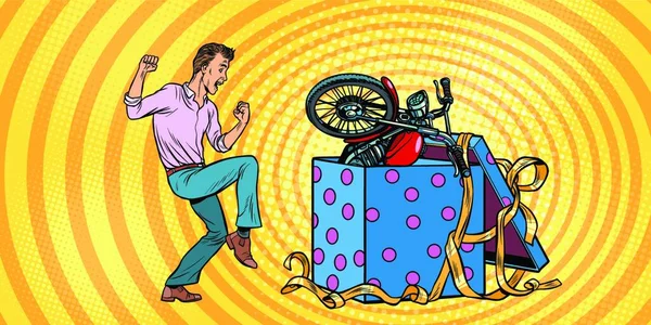Άνδρας Και Μοτοσικλέτα Κουτί Δώρων Διακοπών Αστεία Χαρά Αντίδραση Pop — Διανυσματικό Αρχείο