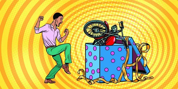 Αφρικανός Άνθρωπος Και Μοτοσικλέτα Κουτί Δώρου Διακοπών Αστεία Χαρά Αντίδραση — Διανυσματικό Αρχείο