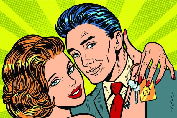 Couple Amoureux Clés Maison Cadeau Pop Art Rétro Vectoriel Illustration — Image vectorielle