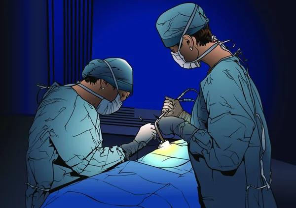 Dos Doctores Quirófano Ilustración Coloreada Con Tema Médico Gráfico Vectorial — Archivo Imágenes Vectoriales