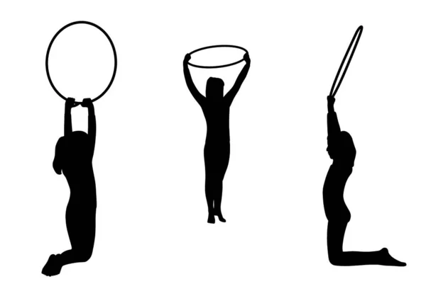Illustration Silhuetter Tre Gymnastiska Flickor Laget Utför Med Bågar Isolerad — Stock vektor