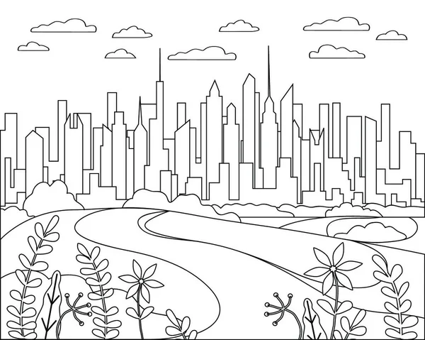 Tenká Linie Městské Krajiny Plochý Panorama Designu Městské Moderní Město — Stockový vektor