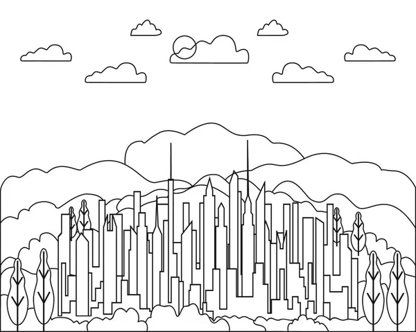 Thin Line City Landscape Flat Panorama Design Urban Modern City — Stock Vector