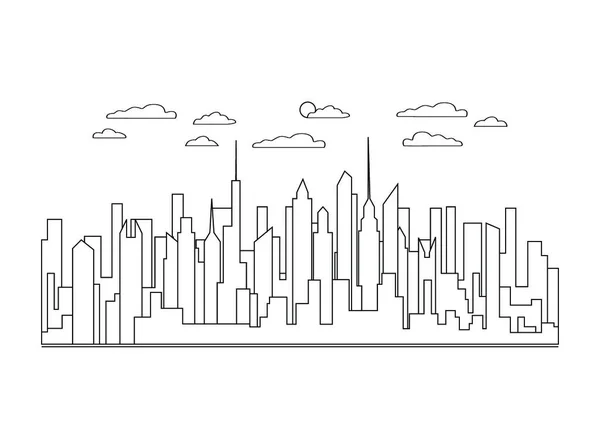 细线城市景观图标 全景设计拥有高摩天大楼 建筑物 云的城市现代城市 线艺术台阶抽象背圆 线性向量例证 — 图库矢量图片