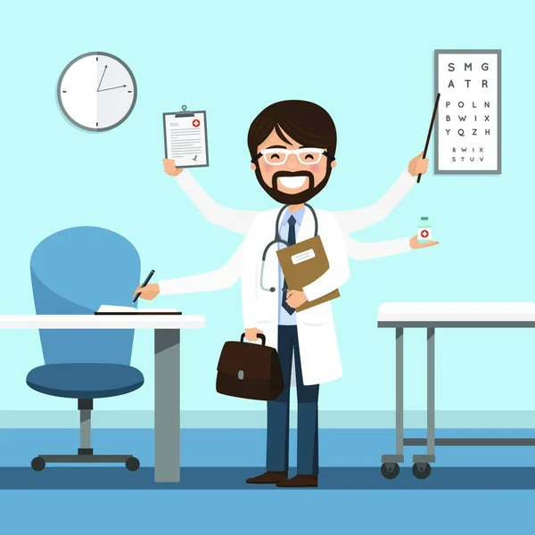 Man Läkare Multitasking Sjukhuset Isolerad Medicin Vektor Illustration — Stock vektor