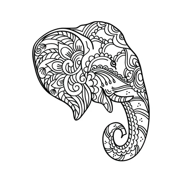 大人や他の装飾のための着色本のためのゼンタングル象の頭を描く 白と黒のイラスト — ストックベクタ