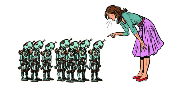 Aprendiendo Concepto Inteligencia Artificial Mujer Jura Pequeños Robots Arte Pop — Vector de stock