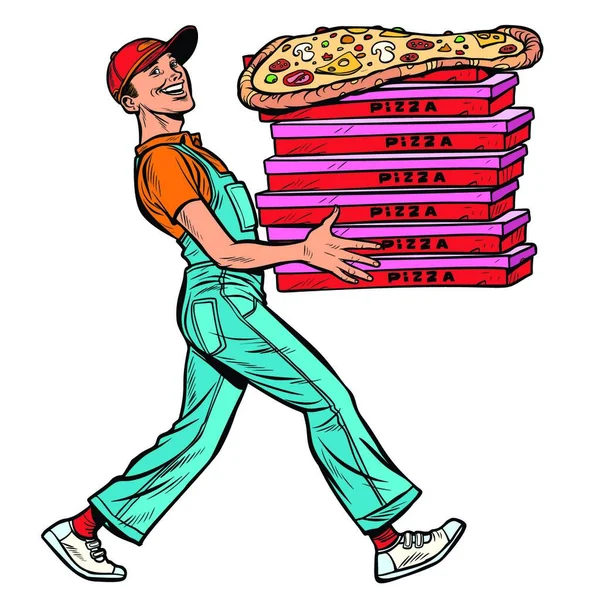 Junger Mann Pizzabote Essensausgabe Isoliert Auf Weißem Hintergrund Pop Art — Stockvektor