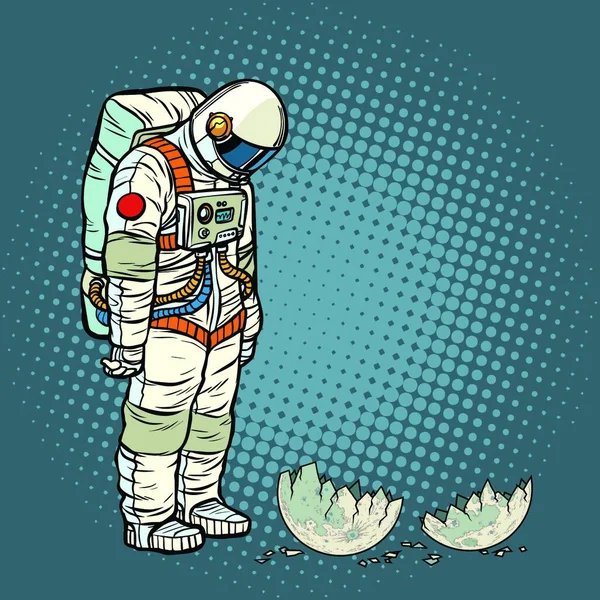 Schuldige Astronaut Kijkt Naar Geruïneerde Maan Pop Art Retro Vector — Stockvector