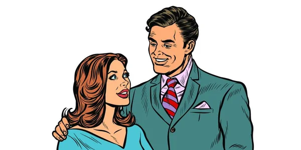 Casal Marido Mulher Pop Arte Retro Vetor Ilustração Desenho Kitsch —  Vetores de Stock