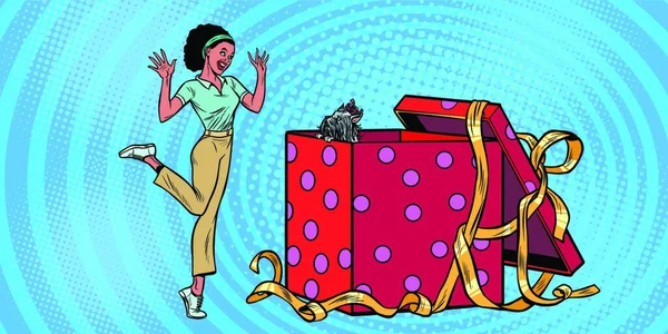 Chien Chiot Boîte Cadeau Vacances Femme Africaine Drôle Joie Réaction — Image vectorielle