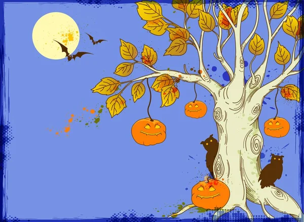 Sfondo Vettoriale Halloween Con Albero Zucche — Vettoriale Stock