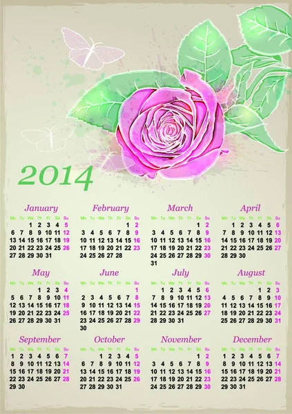 Calendario 2014 Con Rosa Rosada Mariposa — Archivo Imágenes Vectoriales