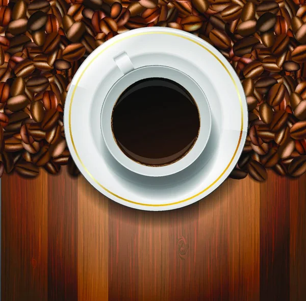 Taza Granos Café Sobre Fondo Madera — Vector de stock