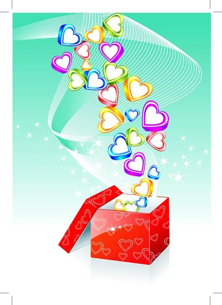 Caja Con Corazones Sobre Fondo Sunburst Ilustración Vectorial — Vector de stock