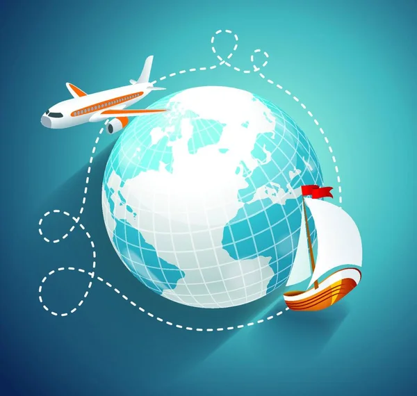 矢量插图世界地球仪 飞机和游艇 巡航或物流的符号 — 图库矢量图片