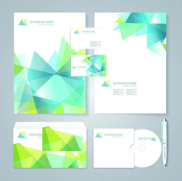 Corporate Identity Template Met Blauwe Groene Geometrische Elementen Documentatie Voor — Stockvector