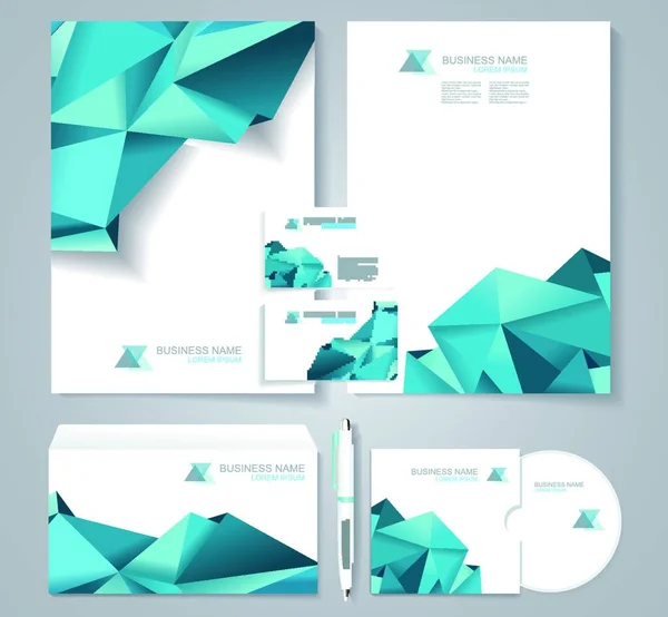 青い多角形のデザイン要素を持つ企業アイデンティティテンプレート 業務のための書類 — ストックベクタ
