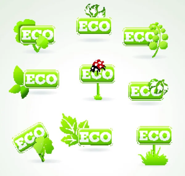 Sada Zářivě Zelených Štítků Listy Pro Organické Přírodní Eco Nebo — Stockový vektor