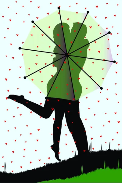 Dvoření Pár Siluetu Líbání Deštník Během Liják Červené Cupids Srdce — Stockový vektor