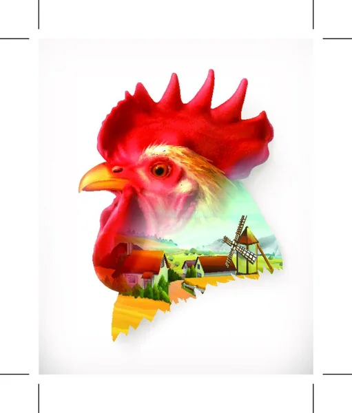 鶏の頭 二重露光ベクトル図 — ストックベクタ