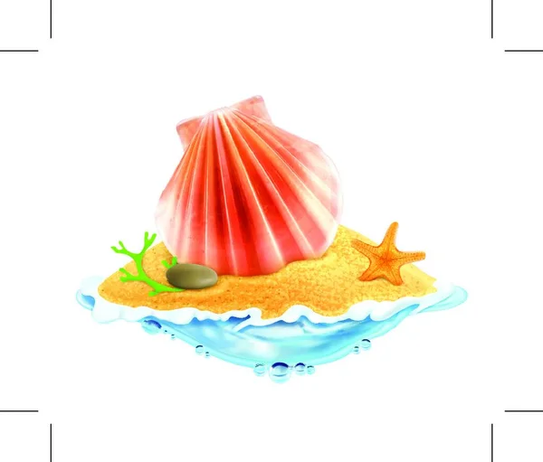 Seashell Het Zand Vectorillustratie — Stockvector