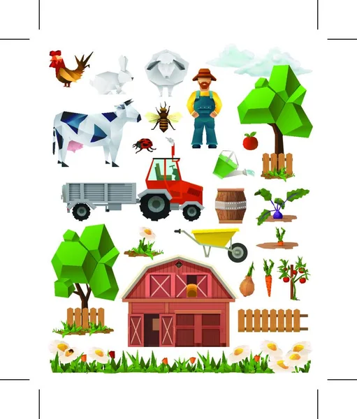 Farm Low Poly Set Von Vektorsymbolen — Stockvektor