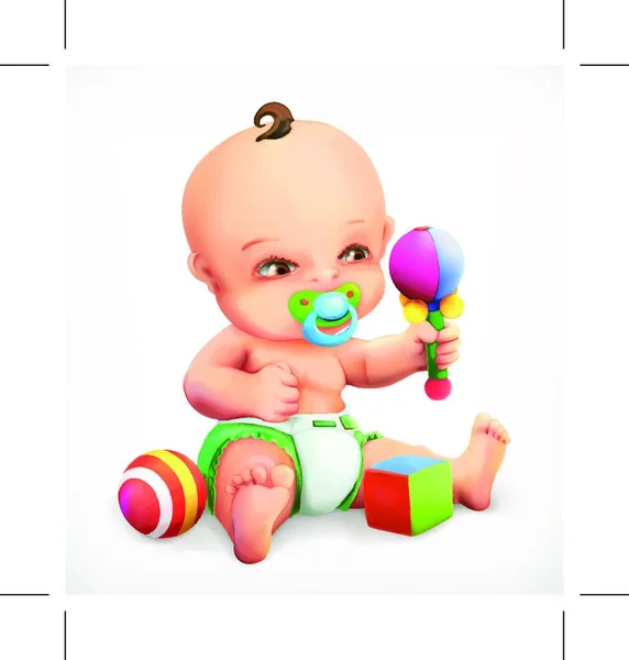 Kid Rattle Baby Pacifier Infant Nappies Little Boy Exploring His — Stock Vector