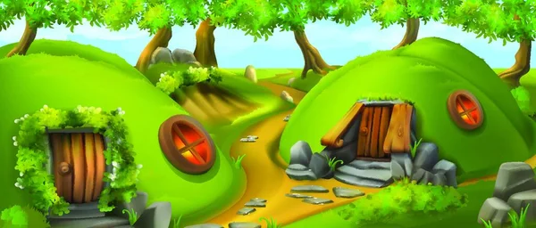 Wioska Fairy Tale Dom Krasnoludków Natura Krajobraz Wektor Ilustracja — Wektor stockowy