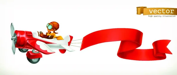 Avion Drôle Avec Bannière Rouge Dessin Animé Vectoriel Isolé Sur — Image vectorielle