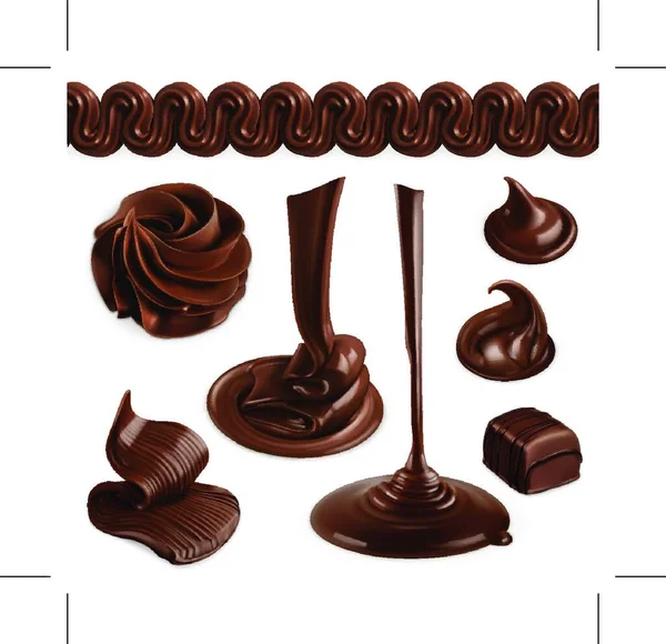 Chocolade Cacaoboter Slagroom Gebak Desserts Set Vectorgrafiek Mesh Objects — Stockvector