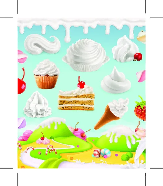 Schlagsahne Milch Sahne Eis Kuchen Cupcake Süßigkeiten Maschenillustration — Stockvektor