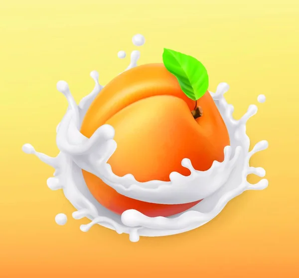 Albaricoque Salpicadura Leche Fruta Yogur Ilustración Realista Icono Vector — Archivo Imágenes Vectoriales