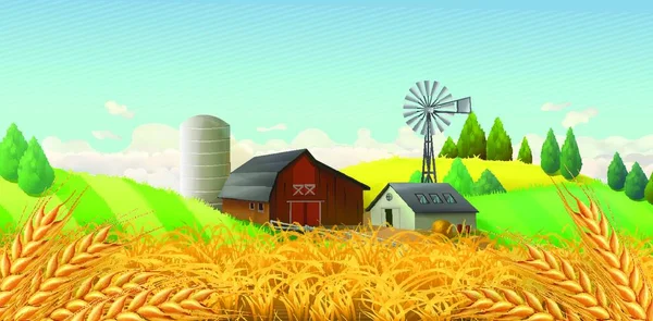 Пшеничное Поле Фермерский Пейзаж Векторный Фон — стоковый вектор