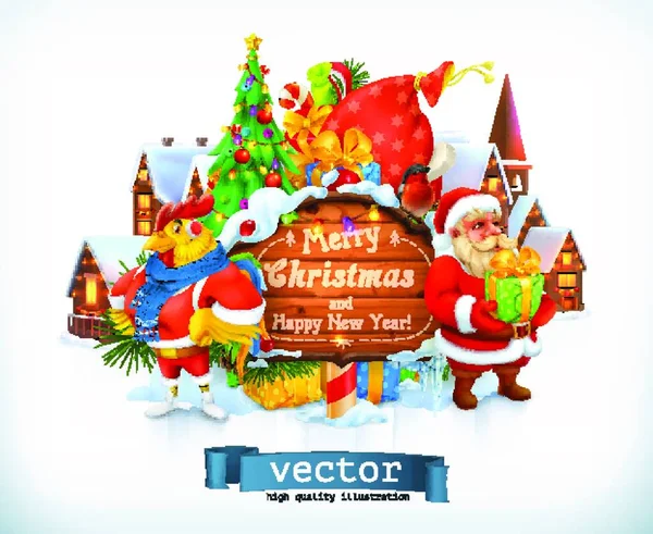 Merry Christmas Happy New Year Santa Claus Christmas Tree Wooden — Stock Vector