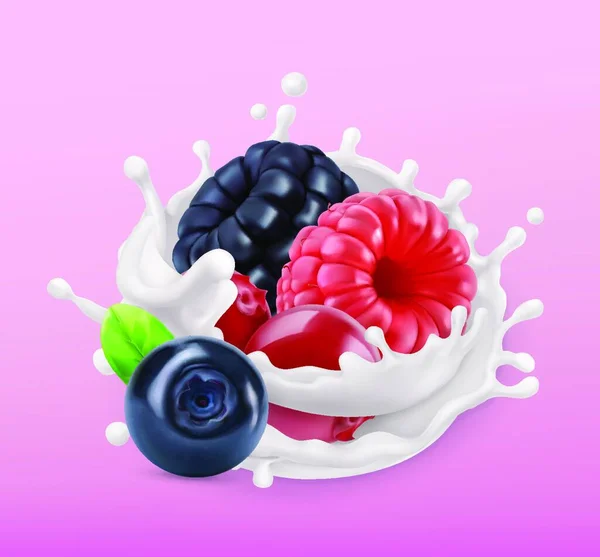 Waldbeeren Und Milch Plätschern Obst Und Joghurt Realistische Illustration Vektorsymbol — Stockvektor