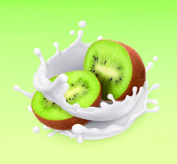 Fruta Kiwi Leche Salpicada Fruta Yogur Ilustración Realista Icono Vector — Vector de stock