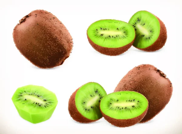 Fruto Kiwi Enteros Pedazos Dulce Fruta Vector Iconos Conjunto Ilustración — Vector de stock