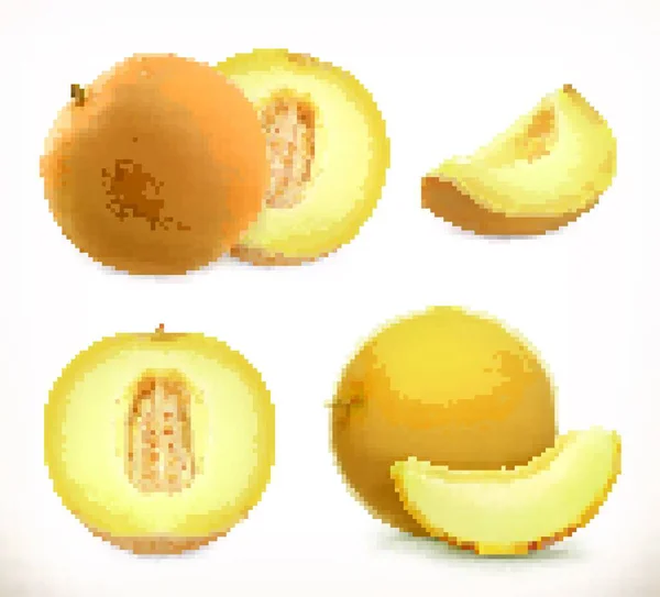 Meloen Geheel Zoet Fruit Vectorpictogrammen Ingesteld Realistische Illustratie — Stockvector