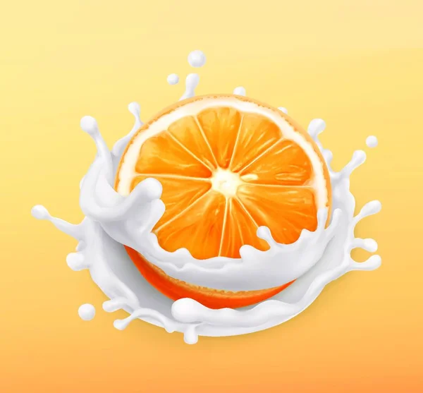 Fruits Oranges Éclaboussures Lait Fruits Yaourts Illustration Réaliste Icône Vectorielle — Image vectorielle