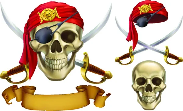 Calavera Sables Emblema Pirata Vector Icono Conjunto — Vector de stock