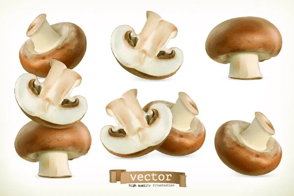 Brown Cremini Mushroom Vector Icon Set Isolated White — Stock Vector