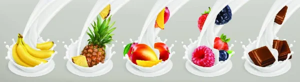 Φρούτα Μούρα Και Γιαούρτι Ρεαλιστική Απεικόνιση Διανυσματικό Εικονίδιο Σύνολο — Διανυσματικό Αρχείο