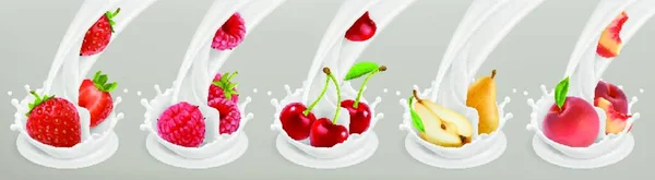 Φρούτα Μούρα Και Γιαούρτι Ρεαλιστική Απεικόνιση Σύνολο Εικονιδίων Διάνυσμα — Διανυσματικό Αρχείο