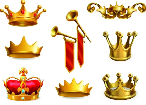 Corona Oro Del Rey Juego Iconos Vectoriales — Vector de stock